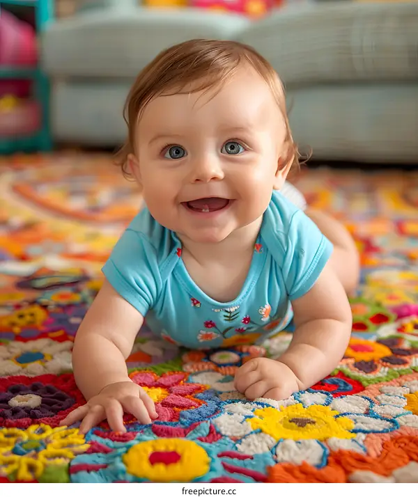 Happy Baby Lying on a Colorful Rug