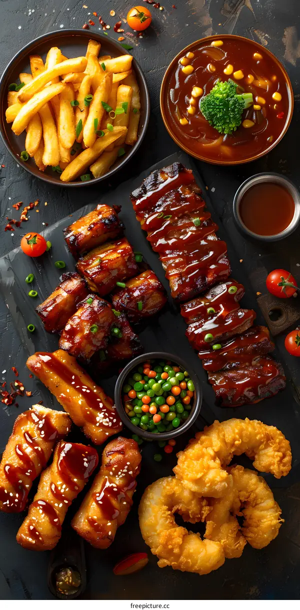 Grilled meat with fries and vegetables on a dark background