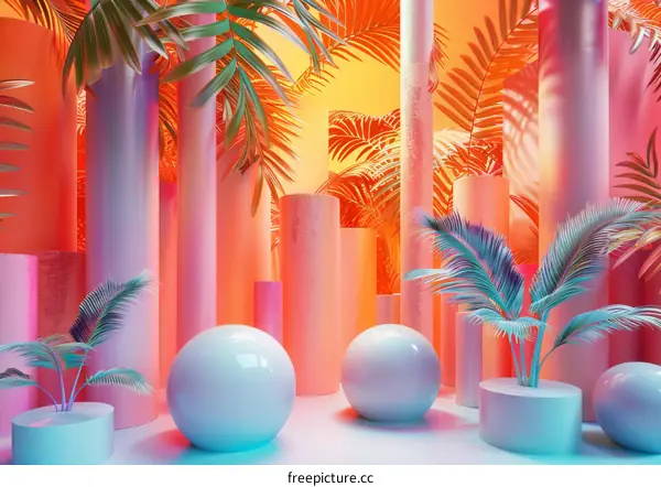 Abstract Tropical Background with 3D Elements and Palm Leaves