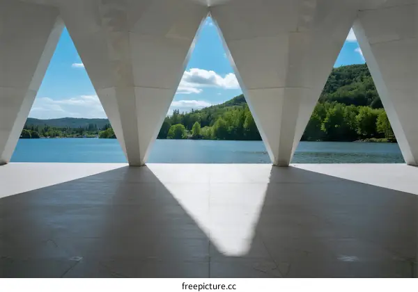 Modern architectural structure with triangular openings overlooking a lake