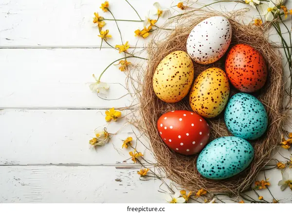 Easter Nest with Colorful Eggs and Flowers