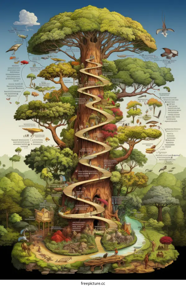An illustration of a tree of life with animals and plants