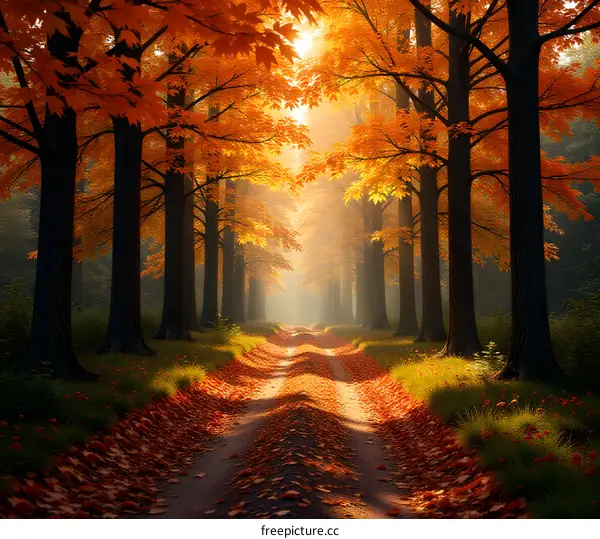 Autumnal Path Through Golden Woods