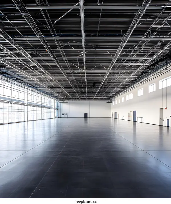 Empty Warehouse Interior with Metal Ceiling Grid and Windows