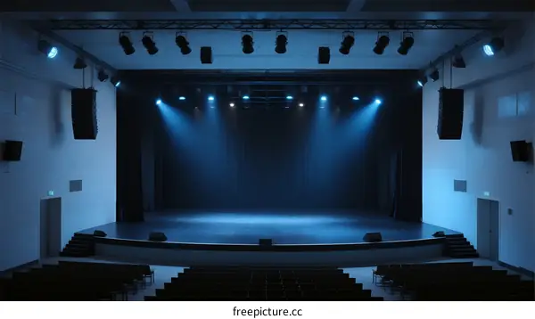 An empty stage with blue stage lights and black curtains