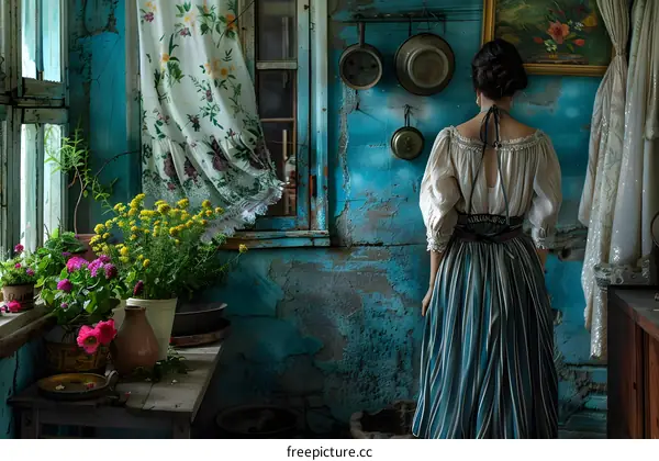 A woman wearing a traditional Romanian dress is standing in a rustic kitchen.