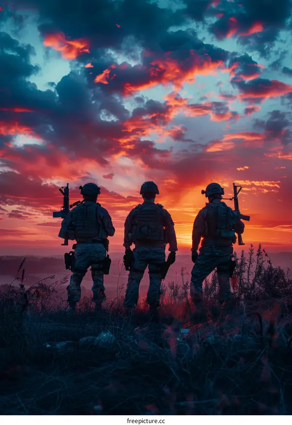 Three soldiers standing on a hilltop watching the sunset