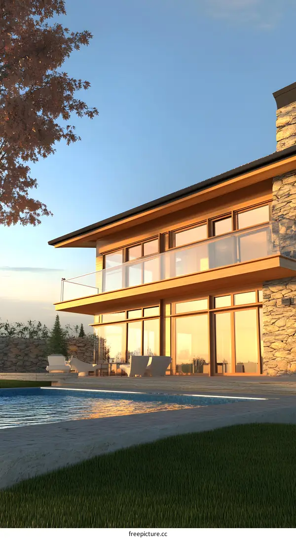 Modern House With Pool and Grass Landscape