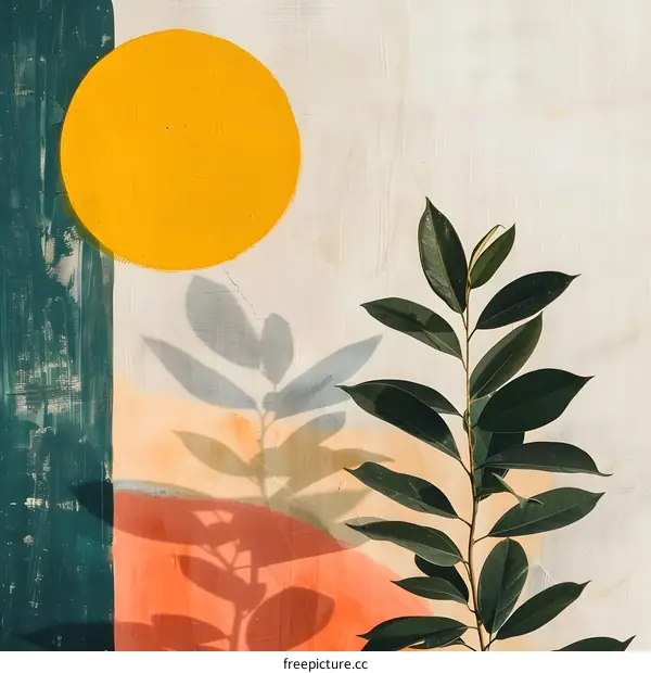 Abstract Wall Art With Green Leaves and Sun