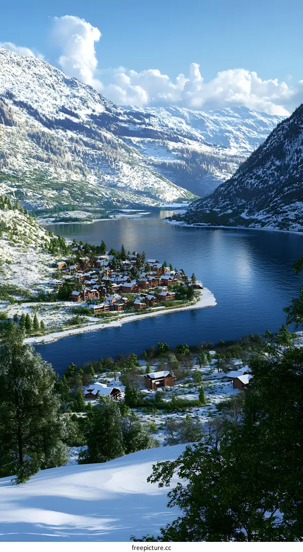 Winter Village Mountain Landscape with Snowy Peaks