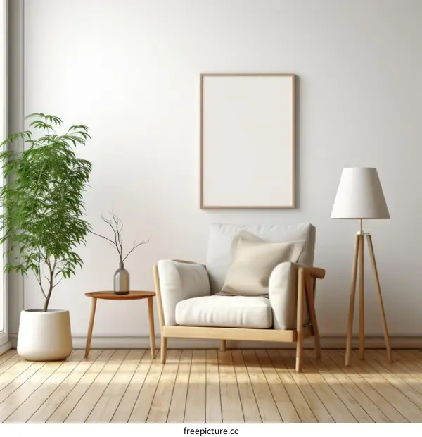 Cozy Living Room with Armchair, Floor Lamp, and Plant