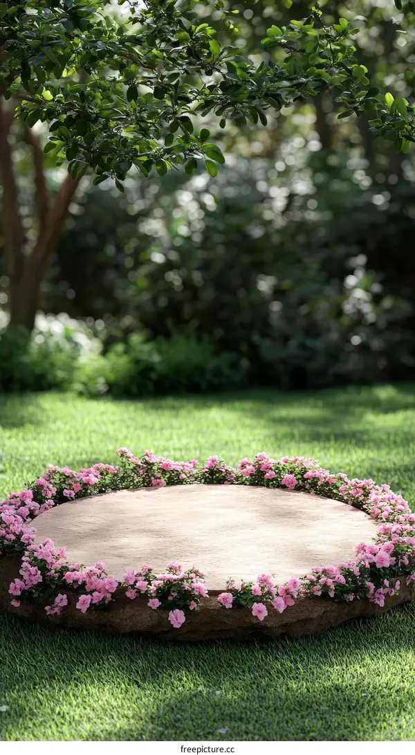 Empty Garden Platform with Pink Flowers