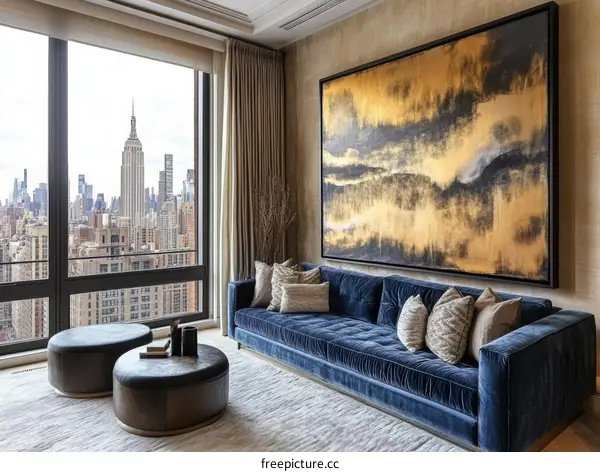 Modern City Apartment Living Room with Golden Abstract Art