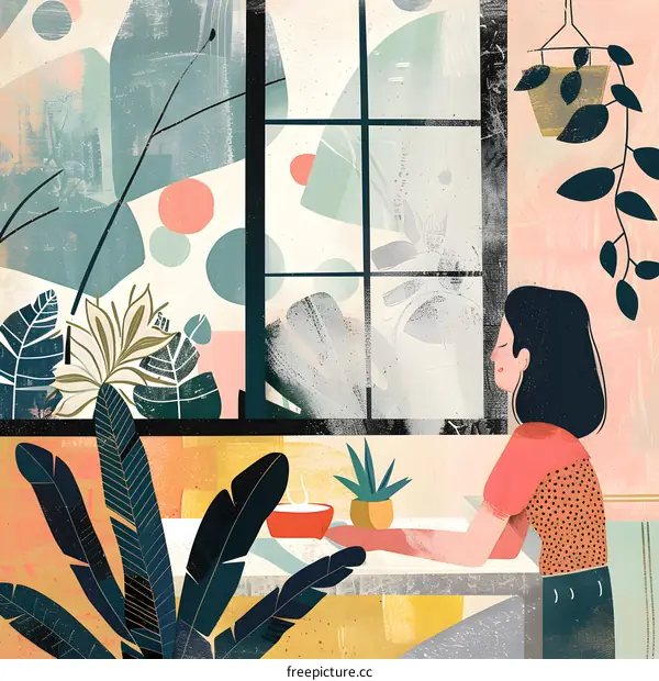 Woman Sitting by Window with Coffee and Plants
