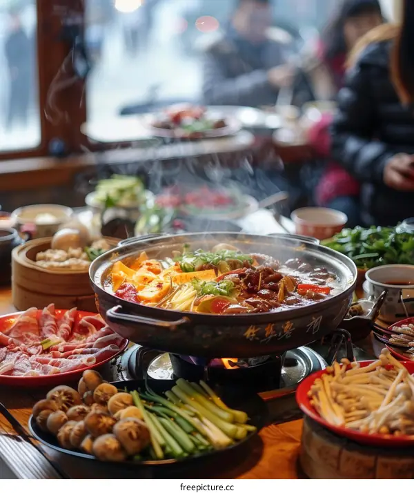 A group of people are sitting around a table eating a hot pot.