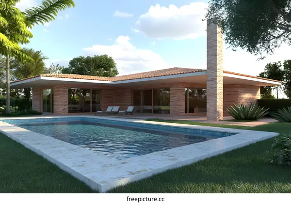 Modern Brick House with Swimming Pool and Palm Trees