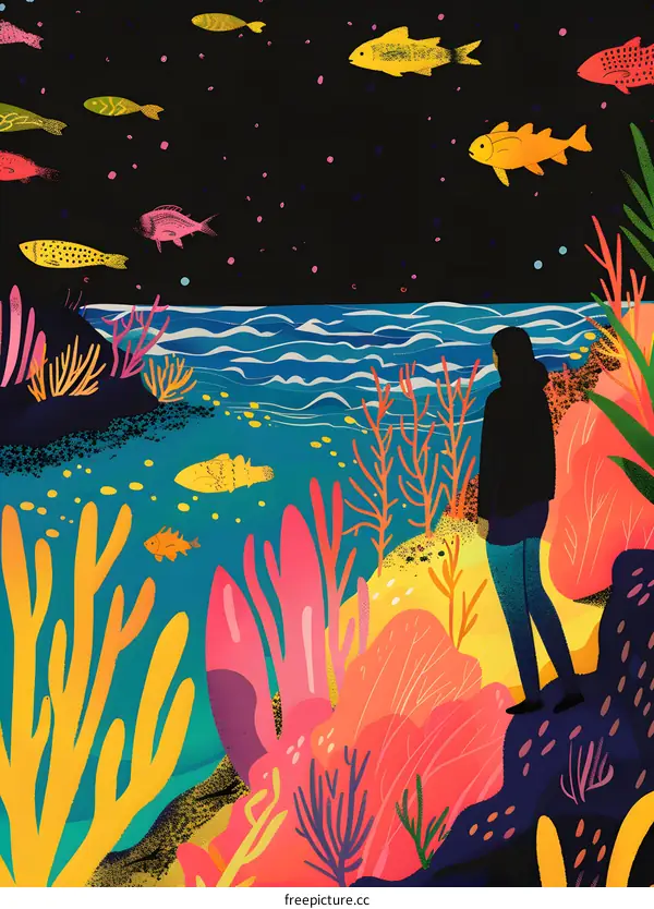 Woman Standing on a Cliff Looking at the Ocean and Fish Swimming in the Night Sky