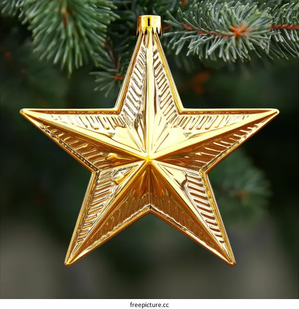 Golden Christmas Star Ornament on a Christmas Tree
