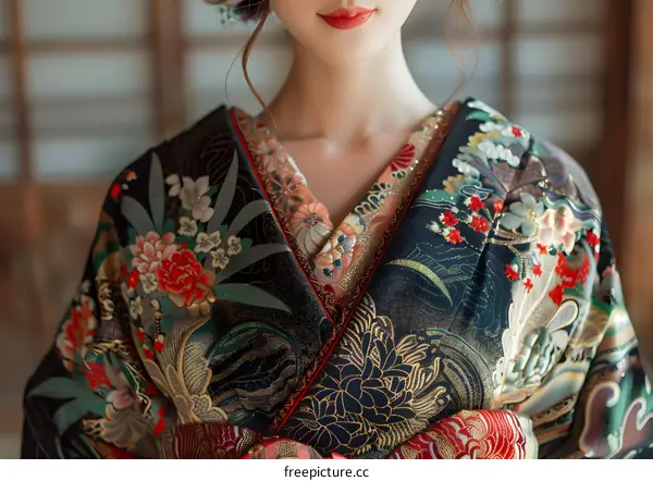 Close-up of a woman wearing a kimono with traditional Japanese floral patterns