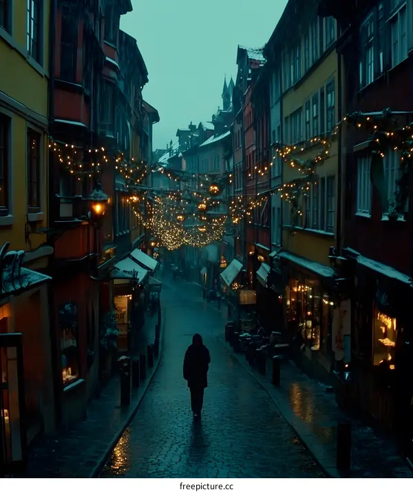 Snowy European City Street With Christmas Lights