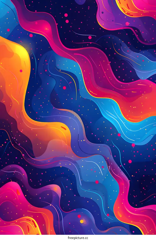 Abstract Colorful Wavy Lines and Dots on Dark Blue Background