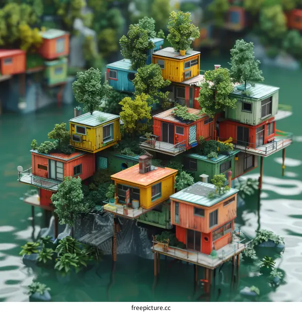 A collection of colorful houses built on a floating platform in the middle of a lake surrounded by green trees