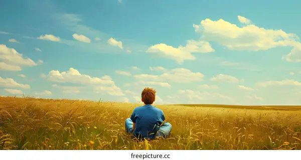 Young Boy Sitting in a Field of Wheat Looking at the Sky