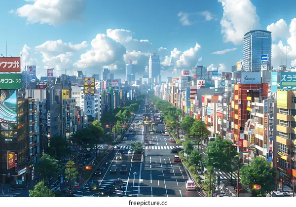 A wide shot of a street in Shinjuku, Tokyo, Japan