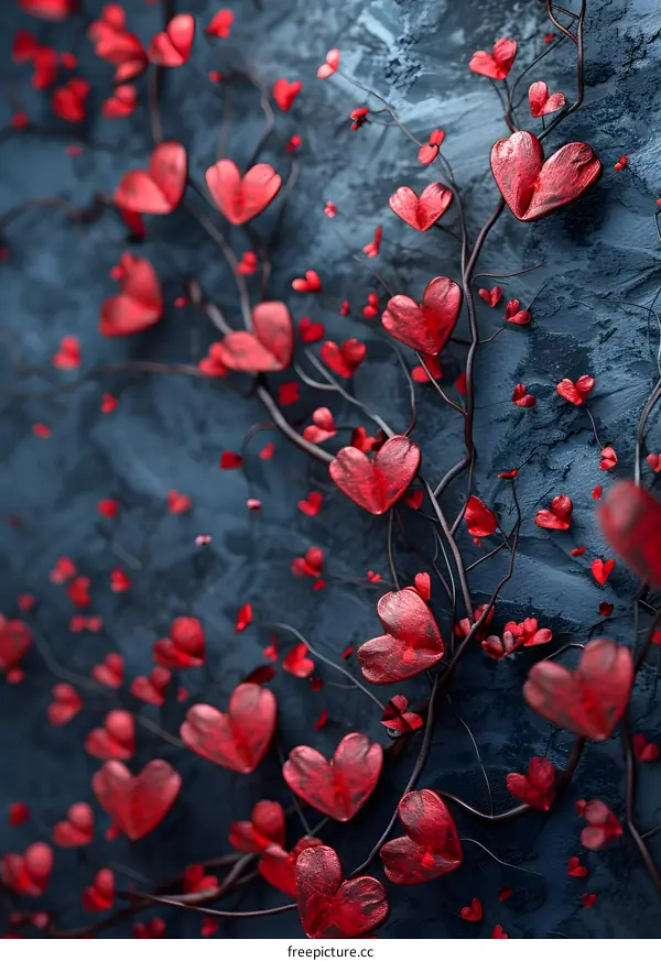 Red heart-shaped leaves climbing on the blue wall