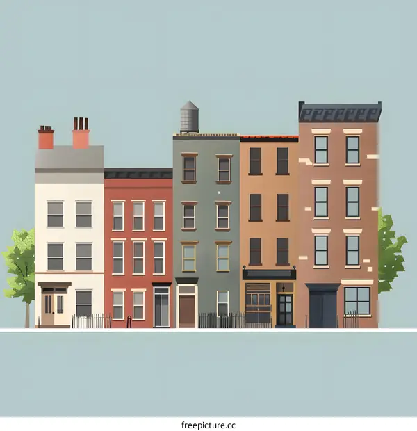 Colorful Row of Houses with Blue Sky Background