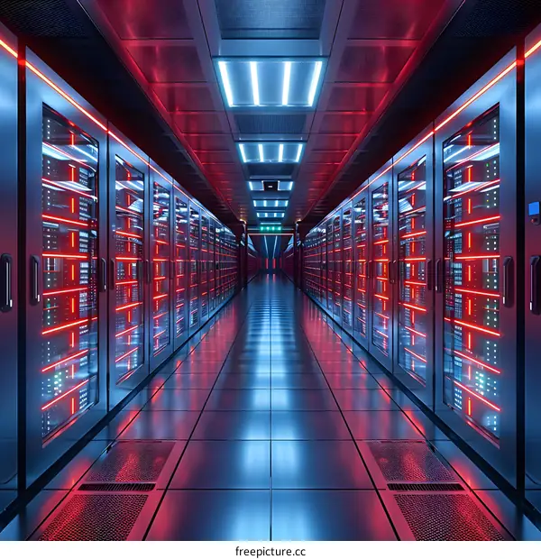 Futuristic server room with red and blue lights