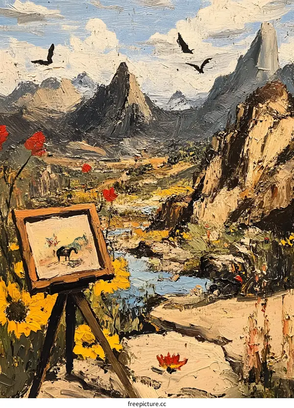 Mountain Landscape with Easel and Horse Painting