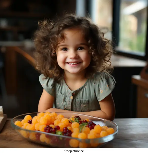 Portrait of a happy little girl with curly hair sitting at a table with a bowl of fruit