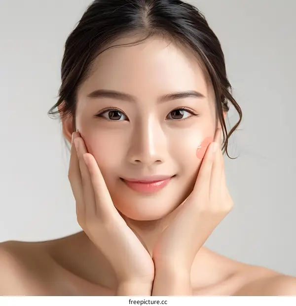 Beautiful Asian Woman Applying Face Cream With Soft Hands