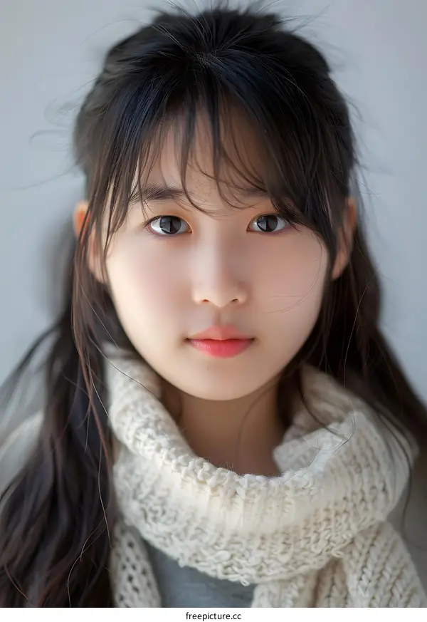 Portrait of Young Asian Woman with Long Hair