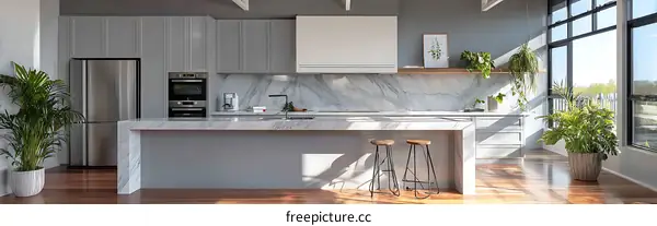 Modern Gray Kitchen with Marble Backsplash and Large Windows