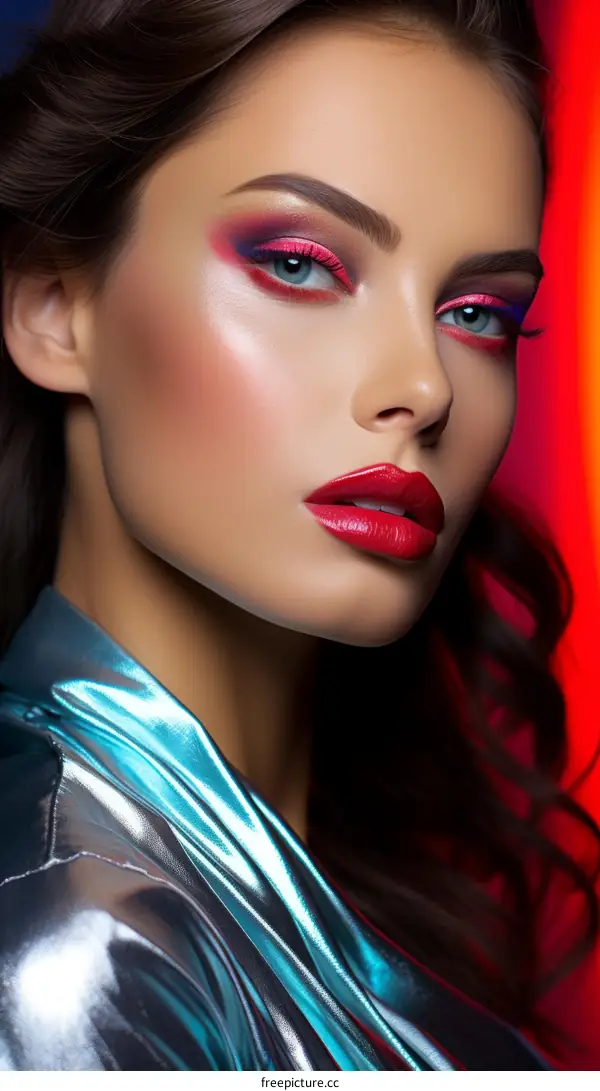 A closeup of a woman's face with bright makeup