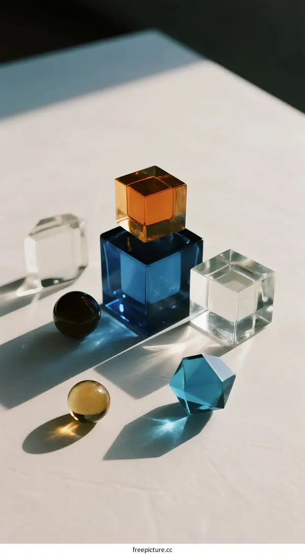 Clear Geometric Glass Objects on White Surface with Soft Lighting