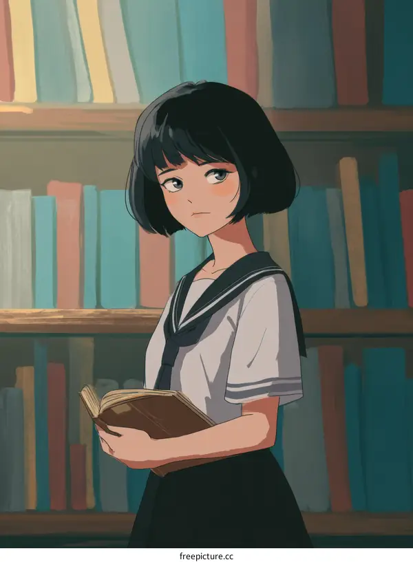 Girl in School Uniform Reading in Library Illustration