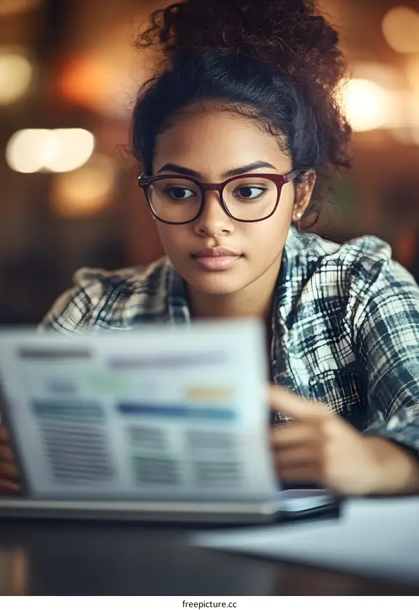 Young Woman Reading Paper at a Coffee Shop