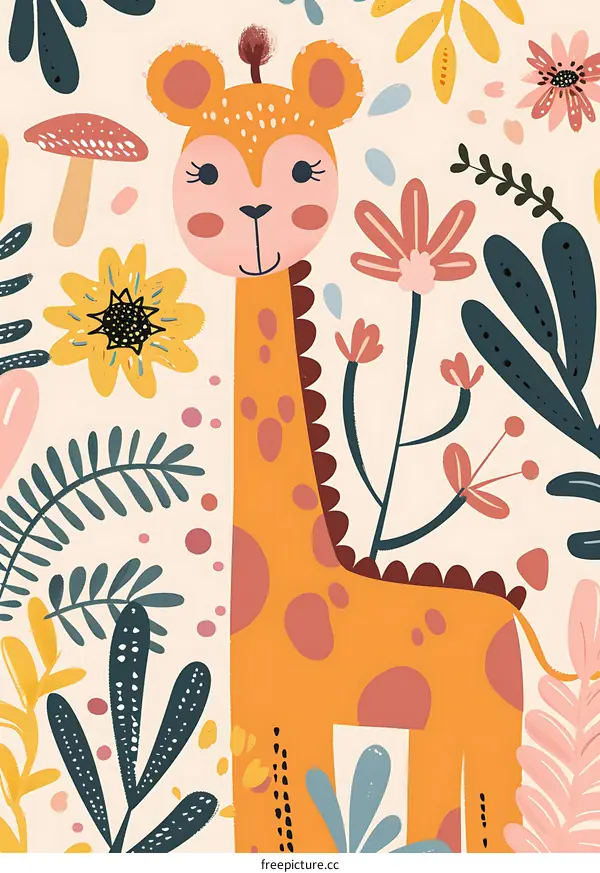 Cute Cartoon Giraffe in a Garden