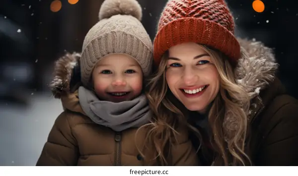 A mother and her child are smiling in the snow.