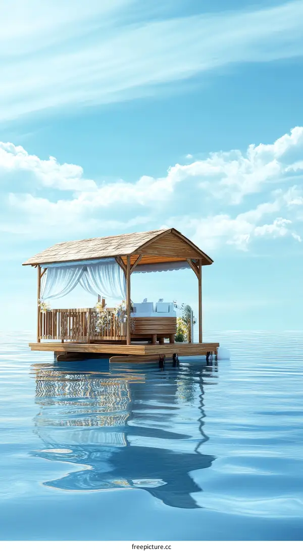 Floating Wooden Gazebo on Calm Ocean Water