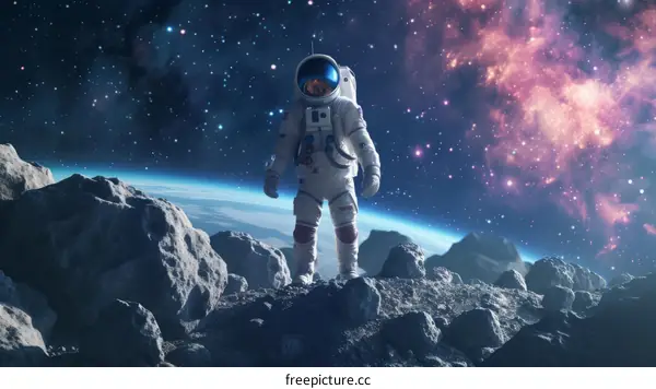 An astronaut in a spacesuit standing on the surface of the moon with the earth in the background