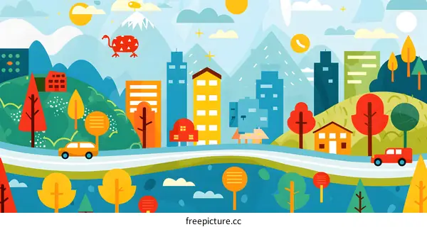 Cityscape Illustration with Geometric Shapes and Bright Colors