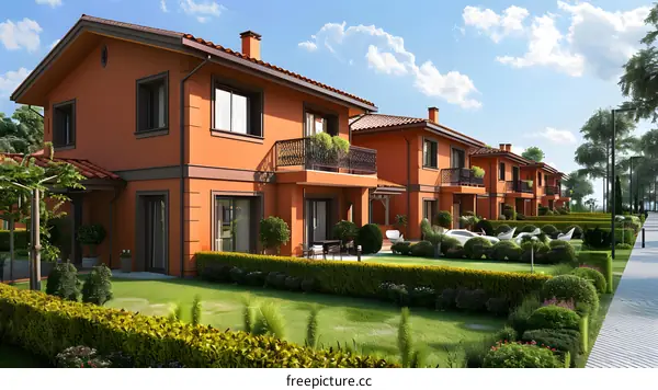 A row of three-story townhouses with orange exterior walls and dark brown roofs