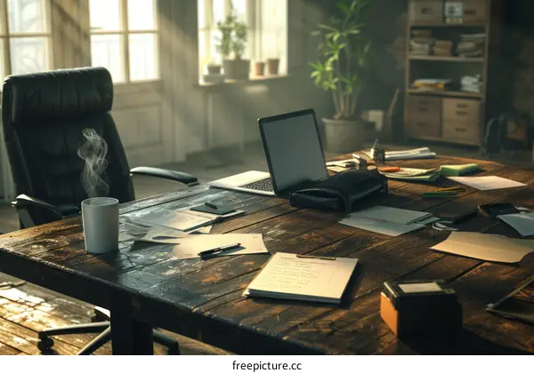 Vintage wooden table with laptop and supplies in home office