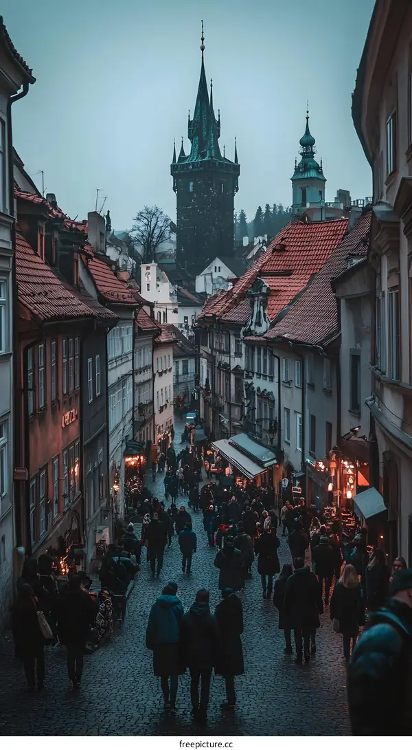 Crowded Street in Prague with a Tall Church Tower