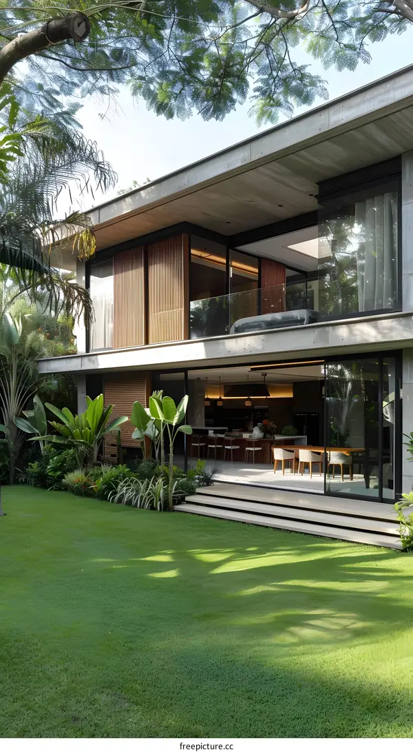 Modern Concrete House with Green Lawn and Wooden Accents