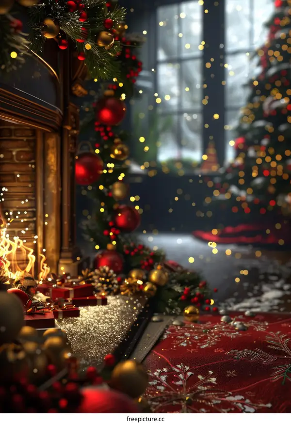 Christmas Fireplace Decor: Festive Mantle with Ornaments and Presents